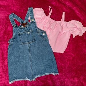 Denim Overall Dress with Pink Top